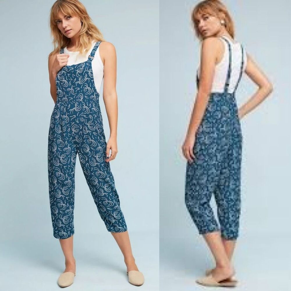 Anthropologie Maeve Tidal Pools blue print cropped jumpsuit overall boho Sz XS